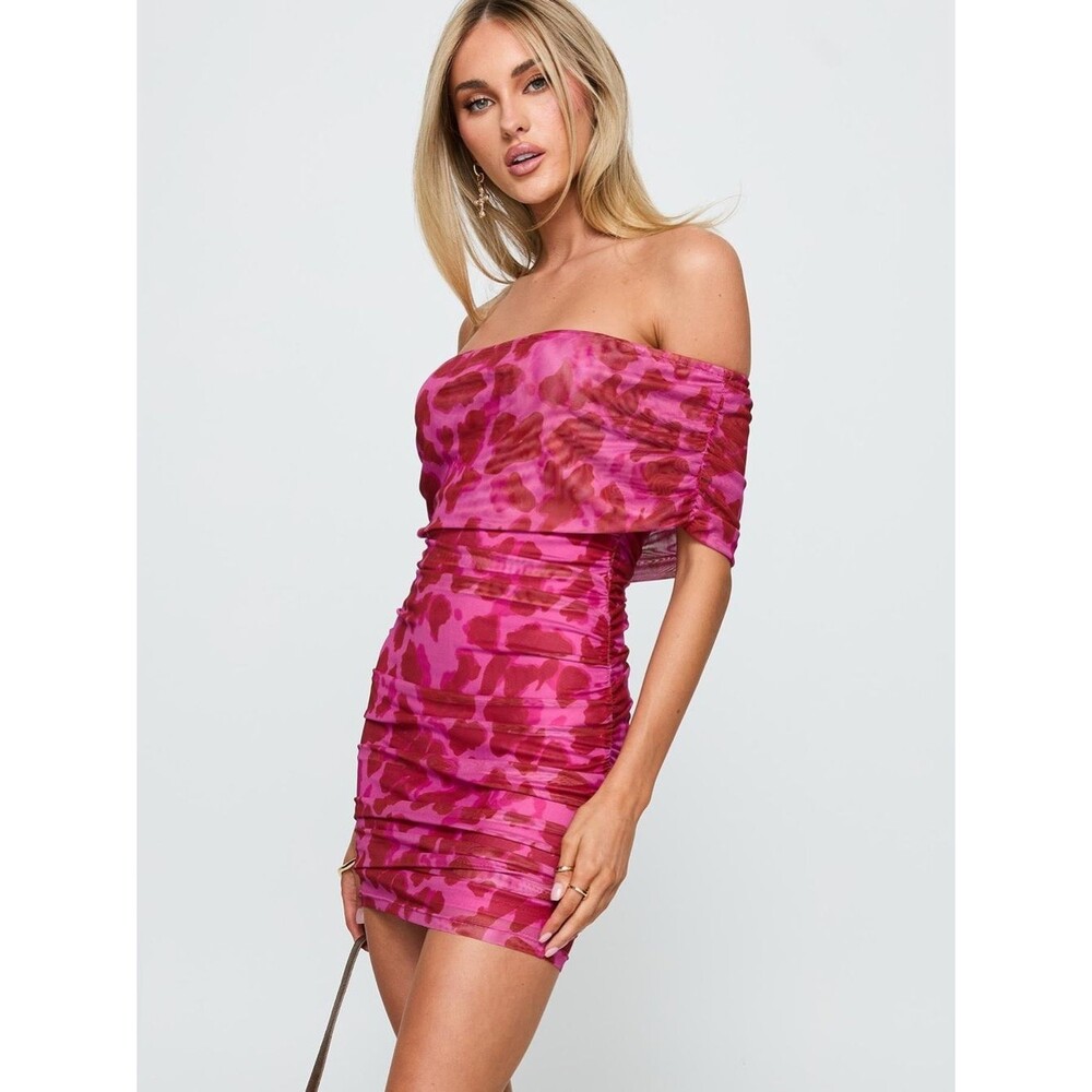 Princess Polly Pink Leopard Hotseat Off The Shoulder Ruched Mini Dress Size 12